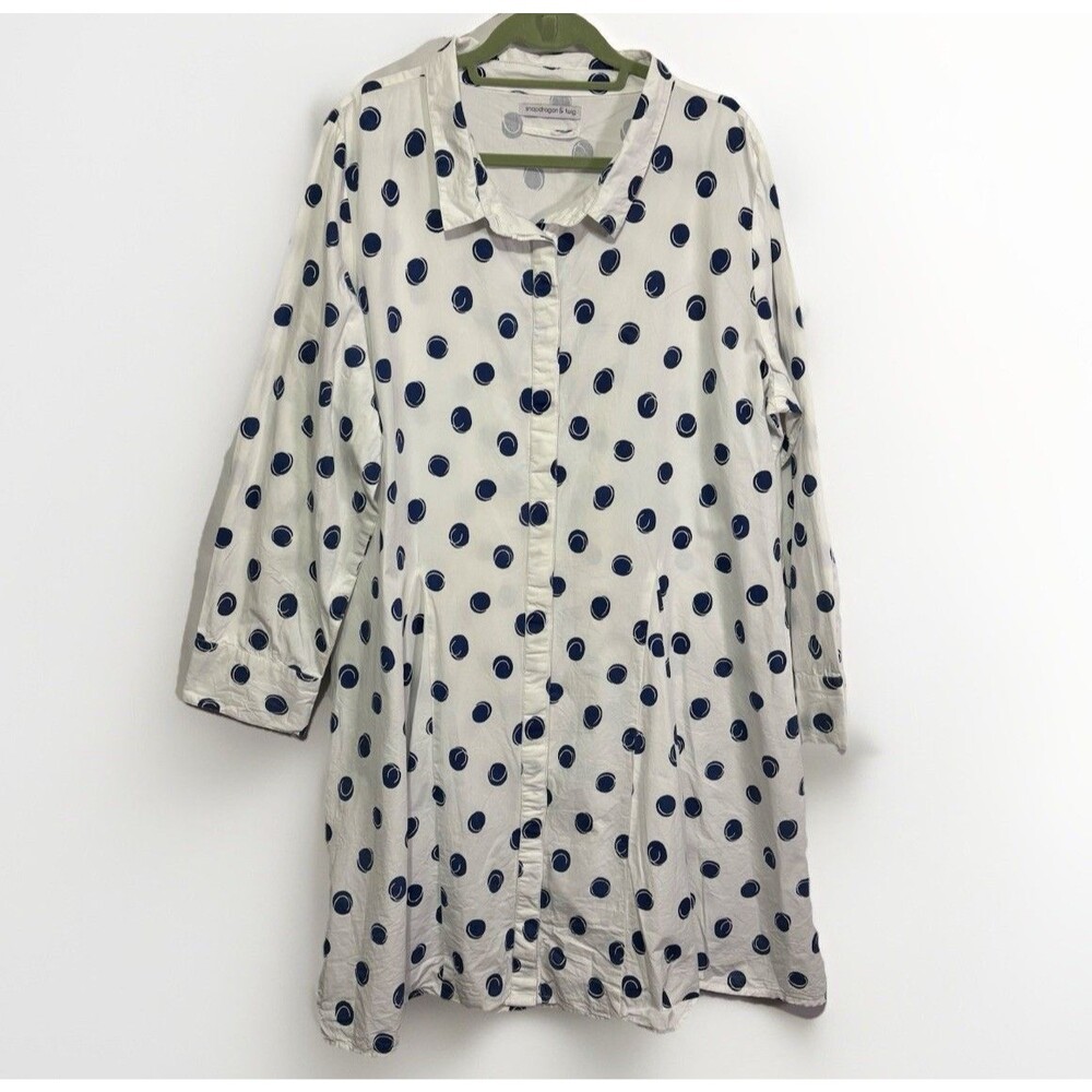 Snapdragon & Twig Women’s White Blue Polka Dot Shirt Dress XXL Artsy Lagenlook